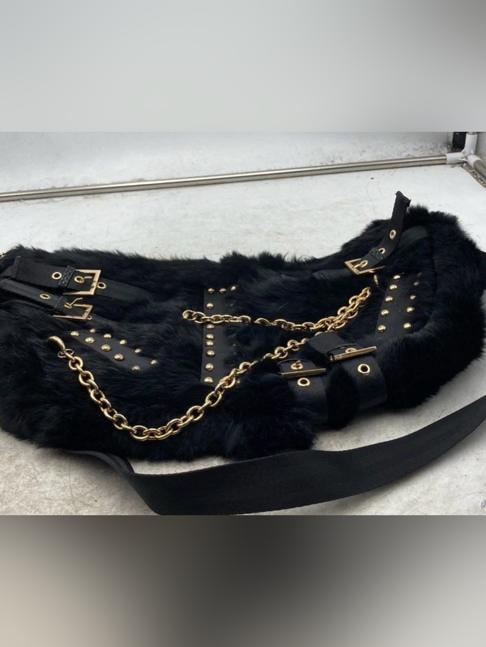BCBG Black Faux Fur Hobo with Gold Chain & Studs nwot